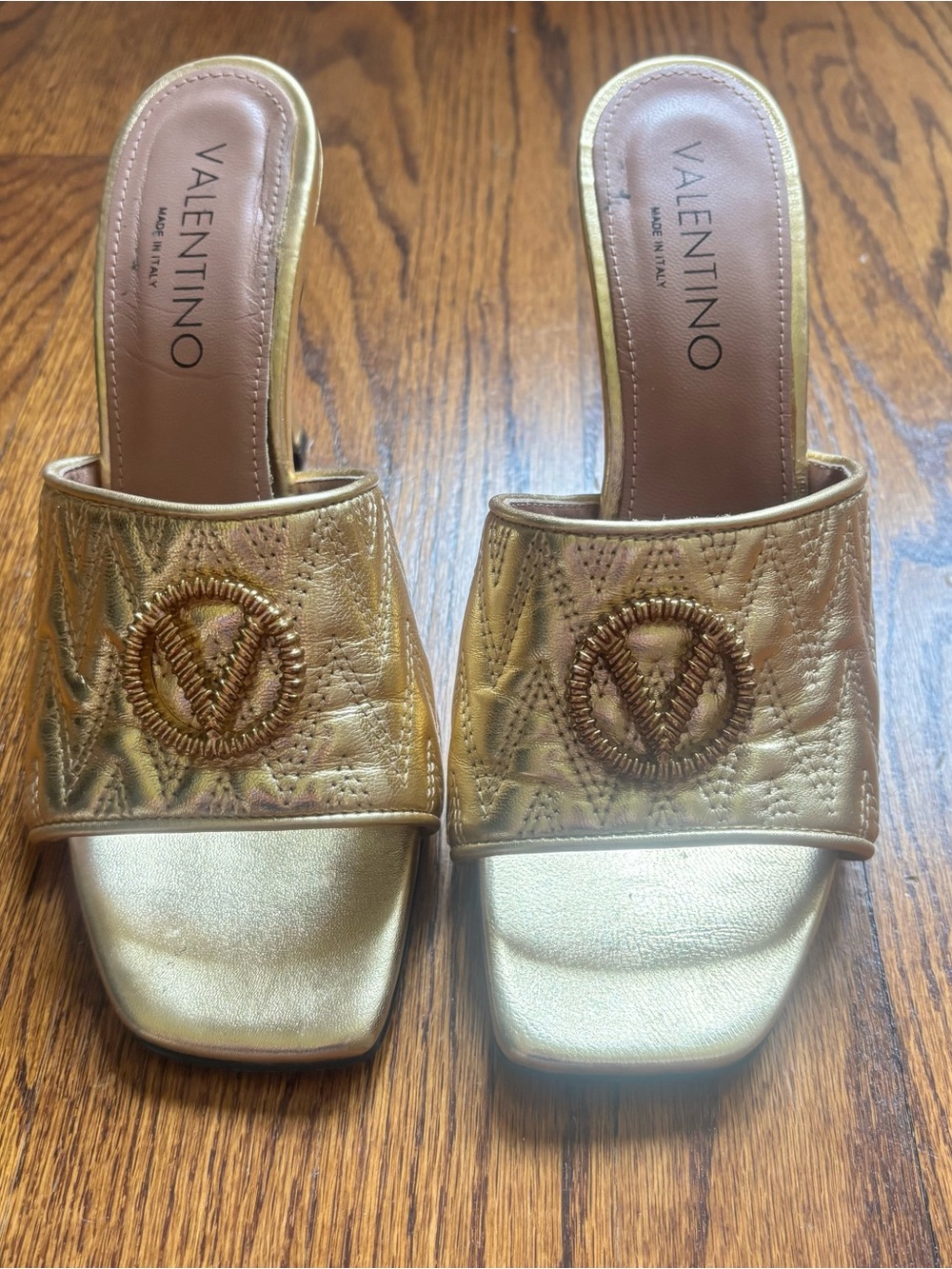 Valentino Gold Quilted Logo Slide Mules
